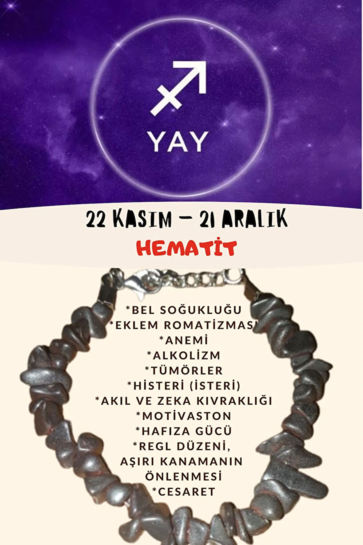 Sertifikalı Burç Taşı Yay Burcu Hematit Taşı Bileklik