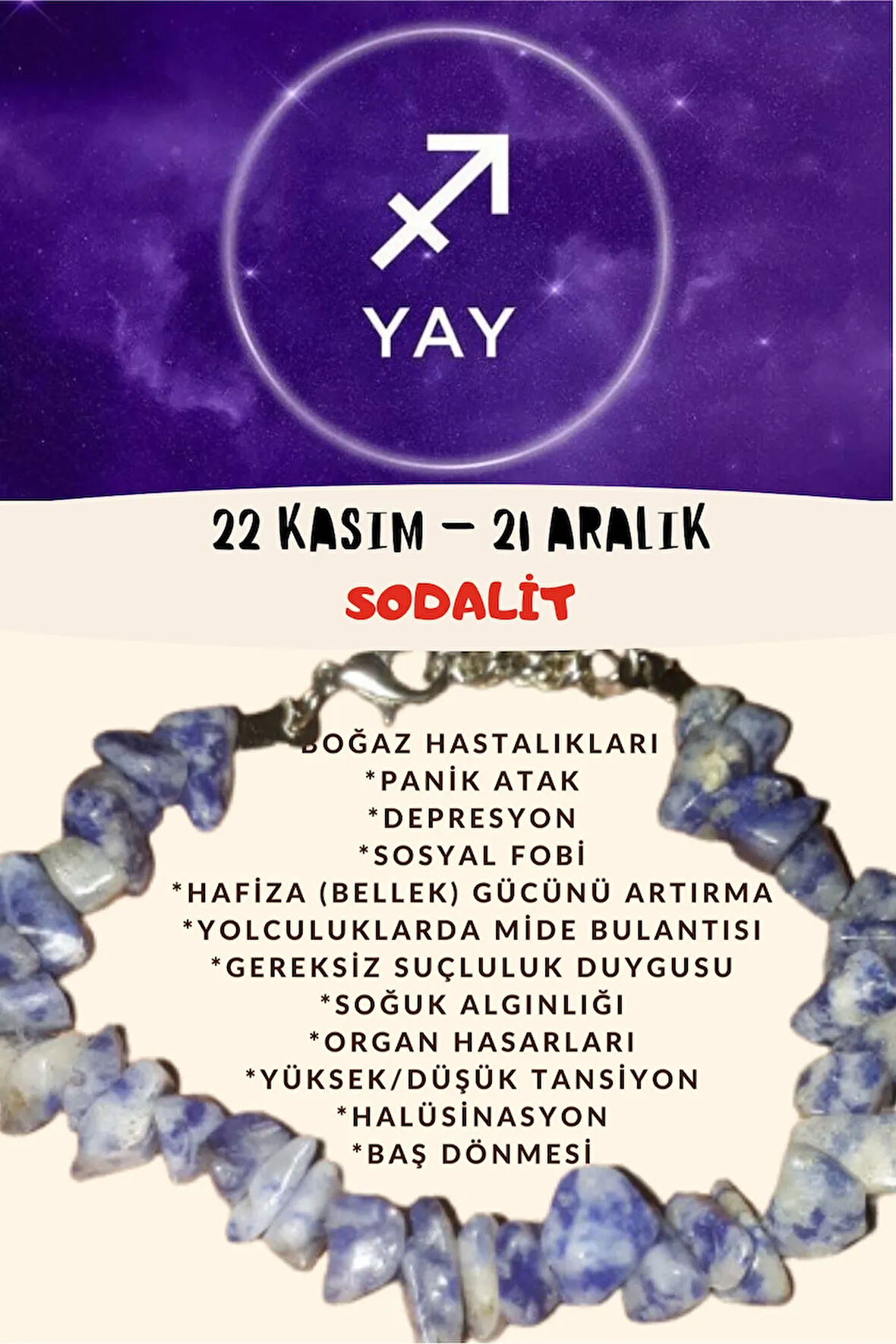 Sertifikalı Burç Taşı Yay Burcu Sodalit Taşı Bileklik