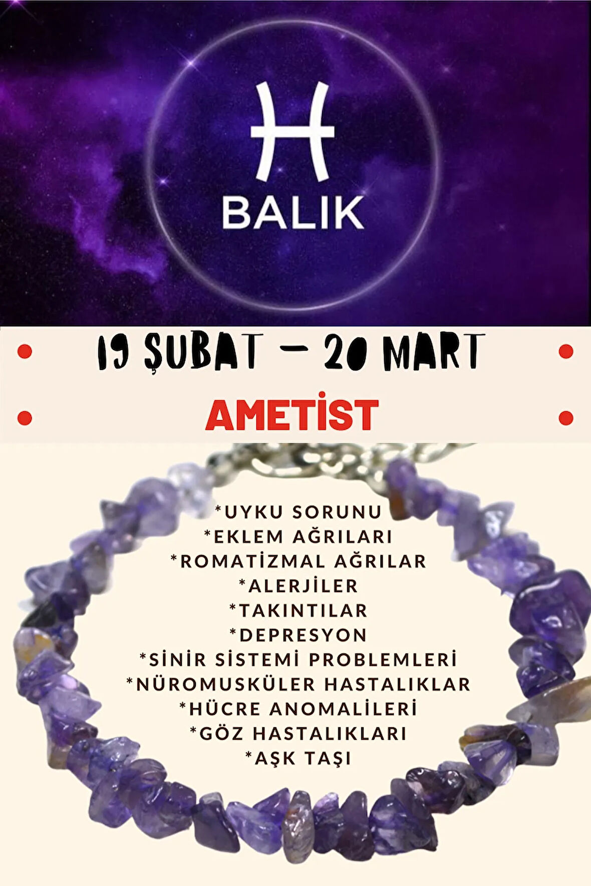 Sertifikalı Burç Taşı Balık Burcu Ametist Taşı Bileklik
