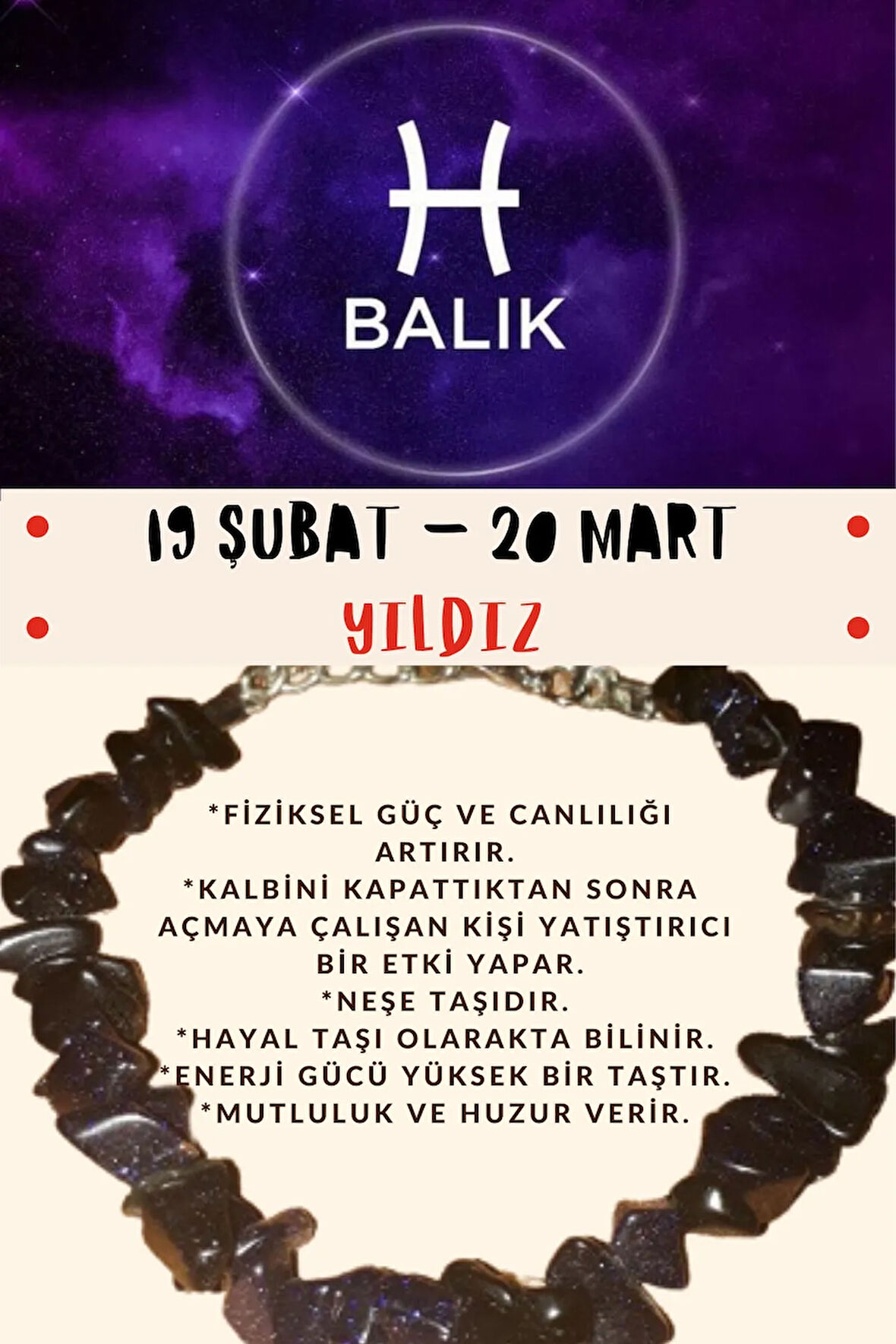 Sertifikalı Burç Taşı Balık Burcu Yıldız Taşı Bileklik