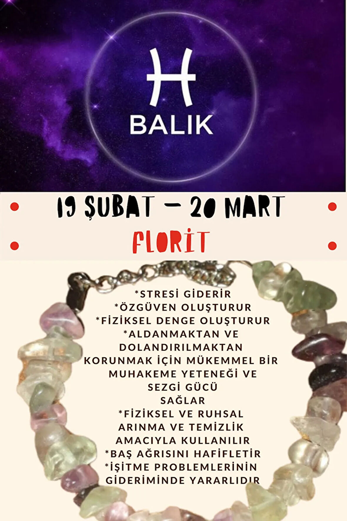 Sertifikalı Burç Taşı Balık Burcu Florit Taşı Bileklik