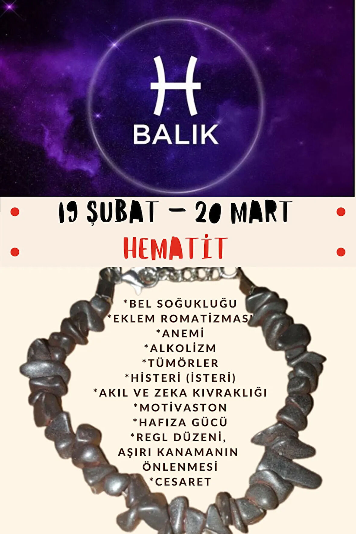 Sertifikalı Burç Taşı Balık Burcu Hematit Taşı Bileklik