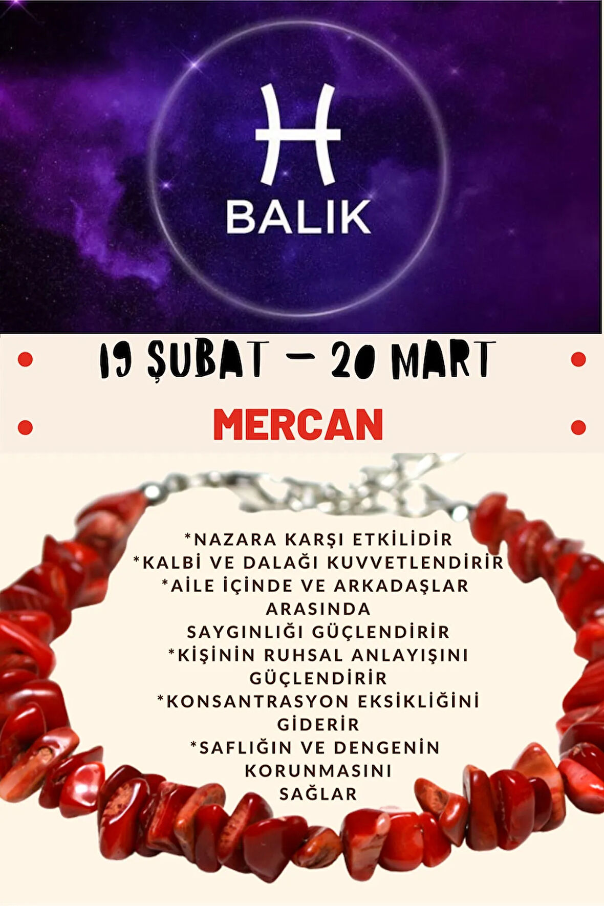 Sertifikalı Burç Taşı Balık Burcu Mercan Taşı Bileklik
