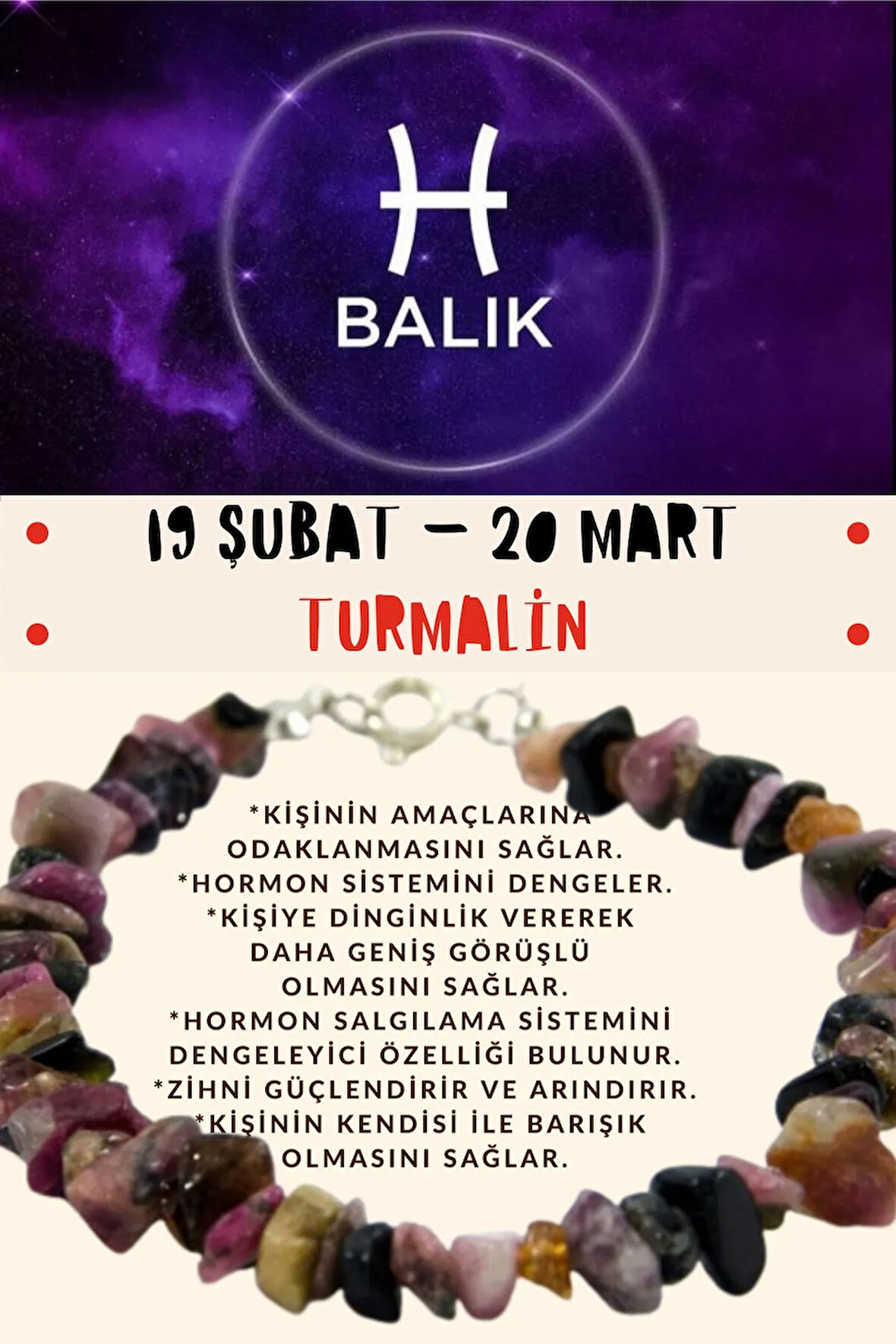 Sertifikalı Burç Taşı Balık Burcu Turmalin Taşı Bileklik