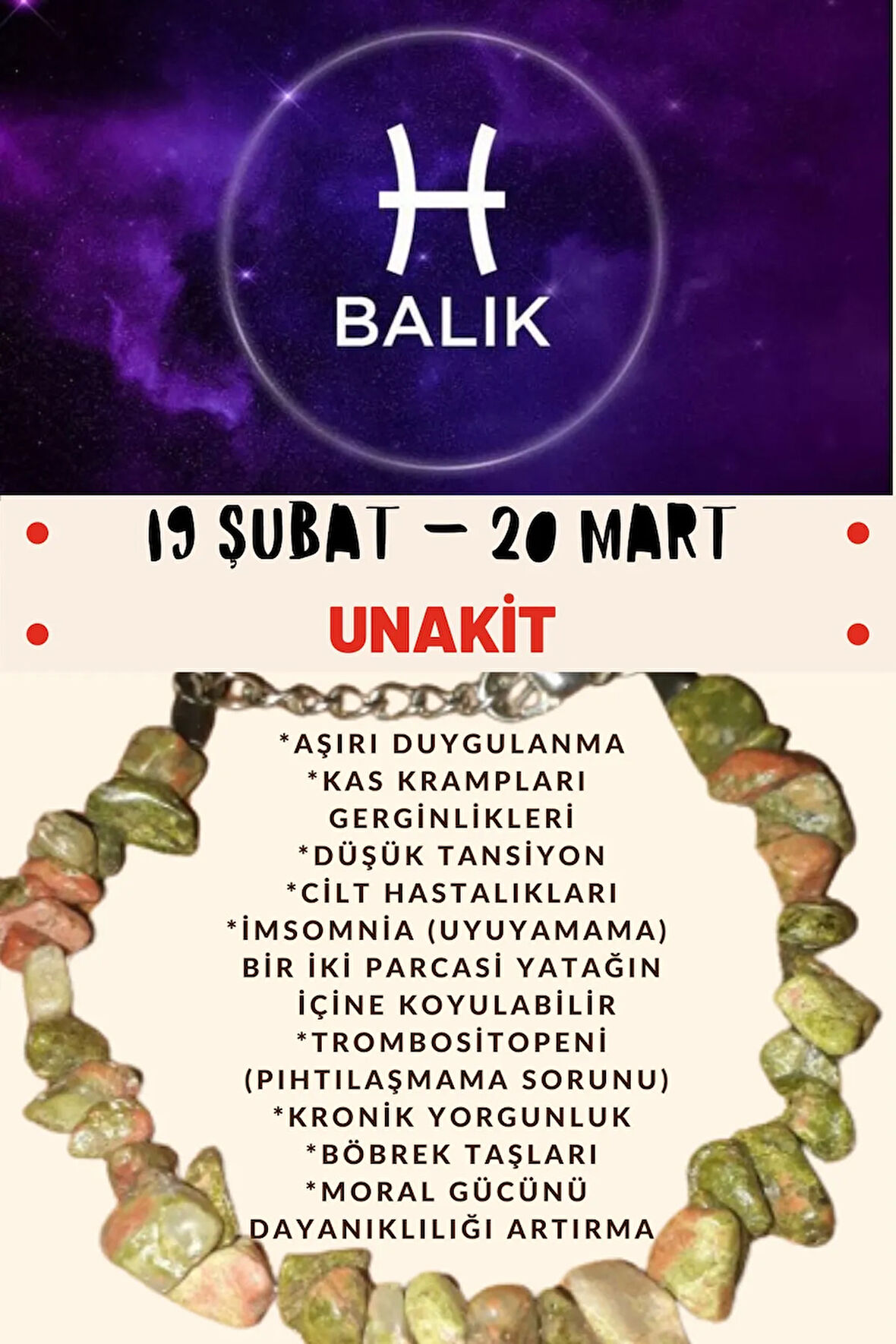 Sertifikalı Burç Taşı Balık Burcu Unakit Taşı Bileklik