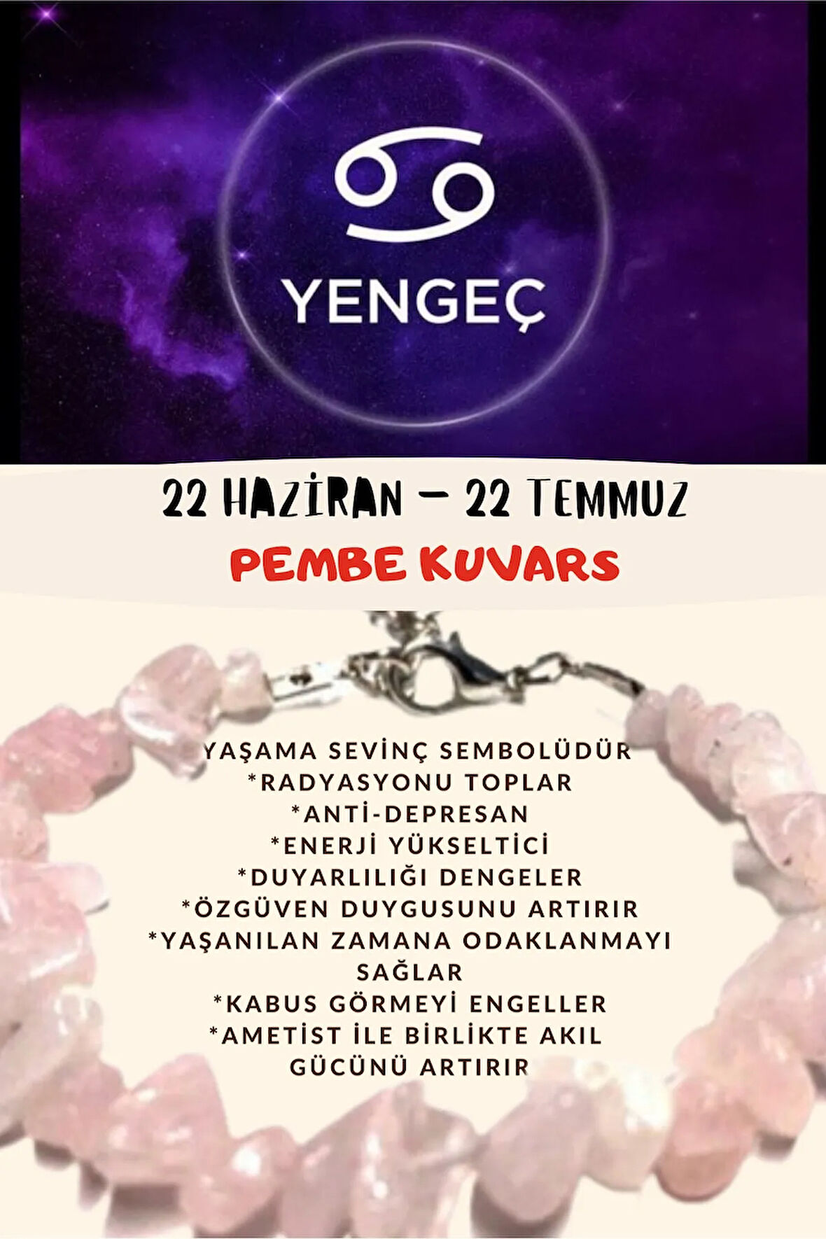 Sertifikalı Burç Taşı Yengeç Burcu Pembe Kuvars Taşı Bileklik