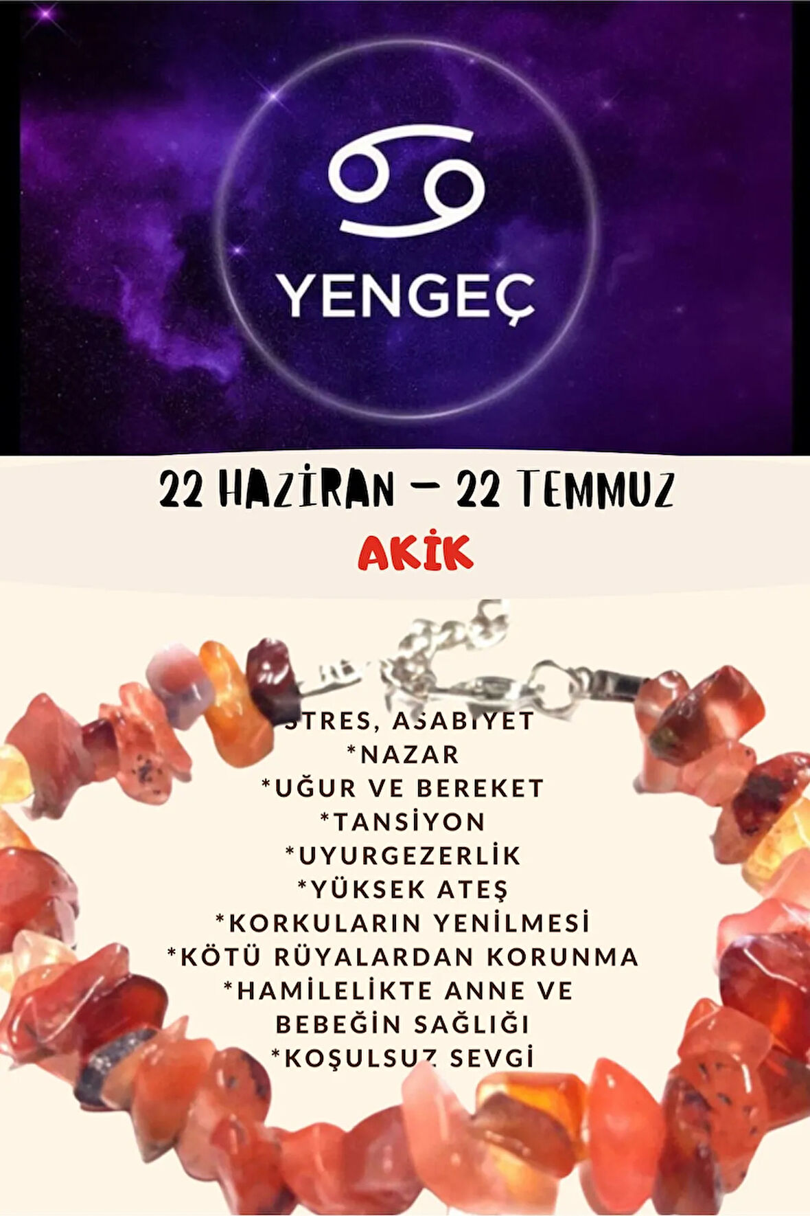 Sertifikalı Burç Taşı Yengeç Burcu Akik Taşı Bileklik