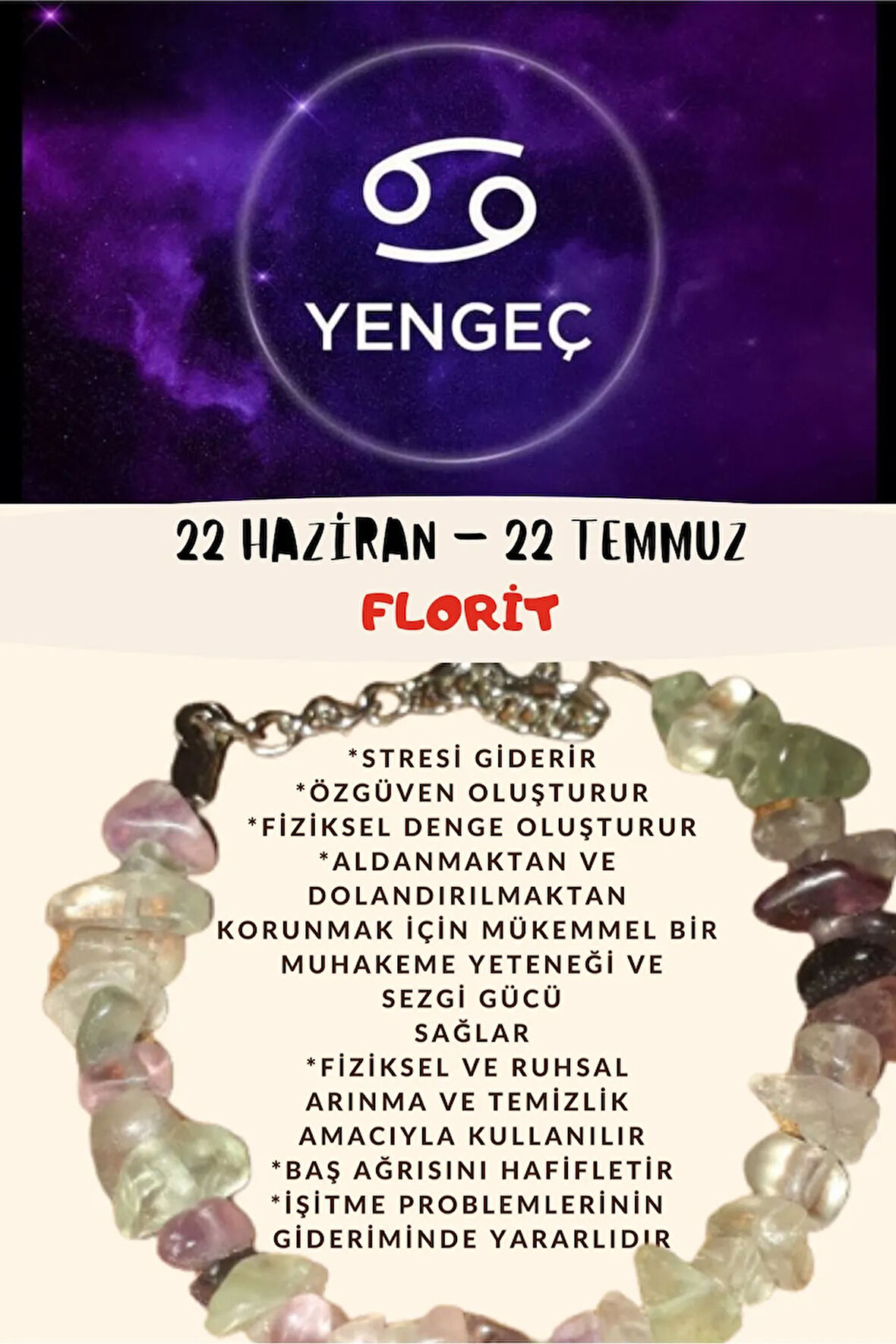 Sertifikalı Burç Taşı Yengeç Burcu Florit Taşı Bileklik