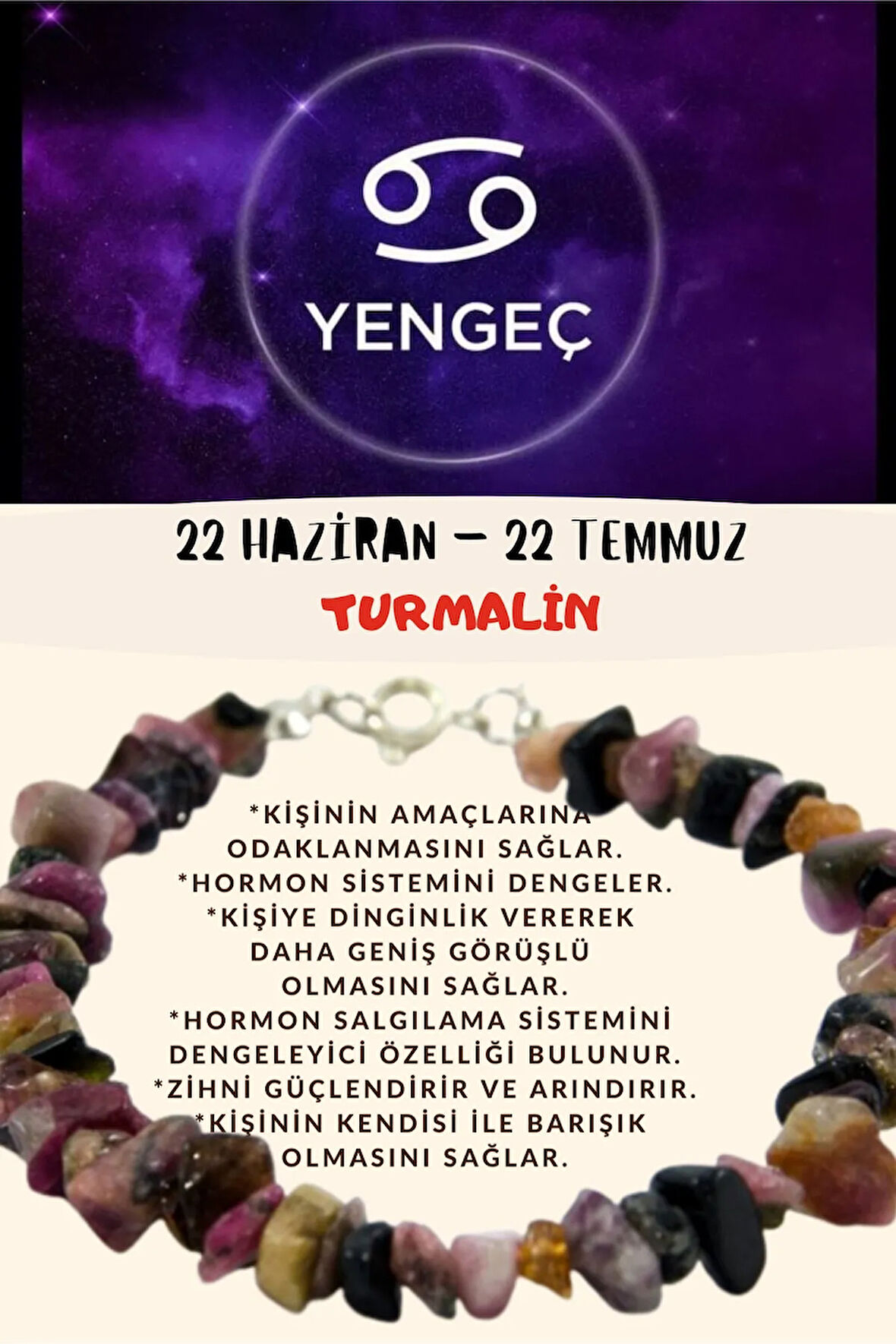 Sertifikalı Burç Taşı Yengeç Burcu Turmalin Taşı Bileklik