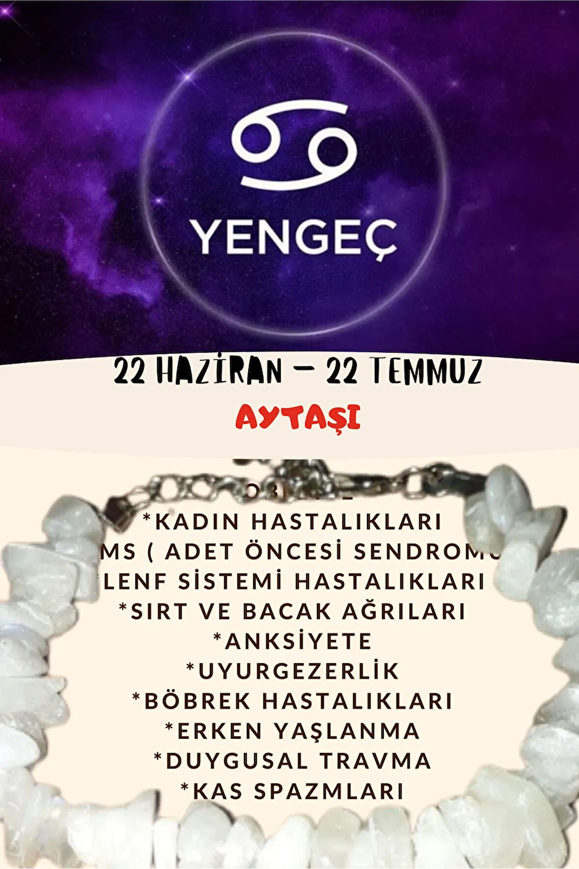 Sertifikalı Burç Taşı Yengeç Burcu Aytaşı Bileklik