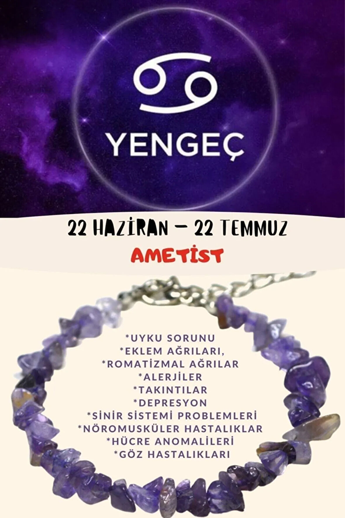 Sertifikalı Burç Taşı Yengeç Burcu Ametist Taşı Bileklik
