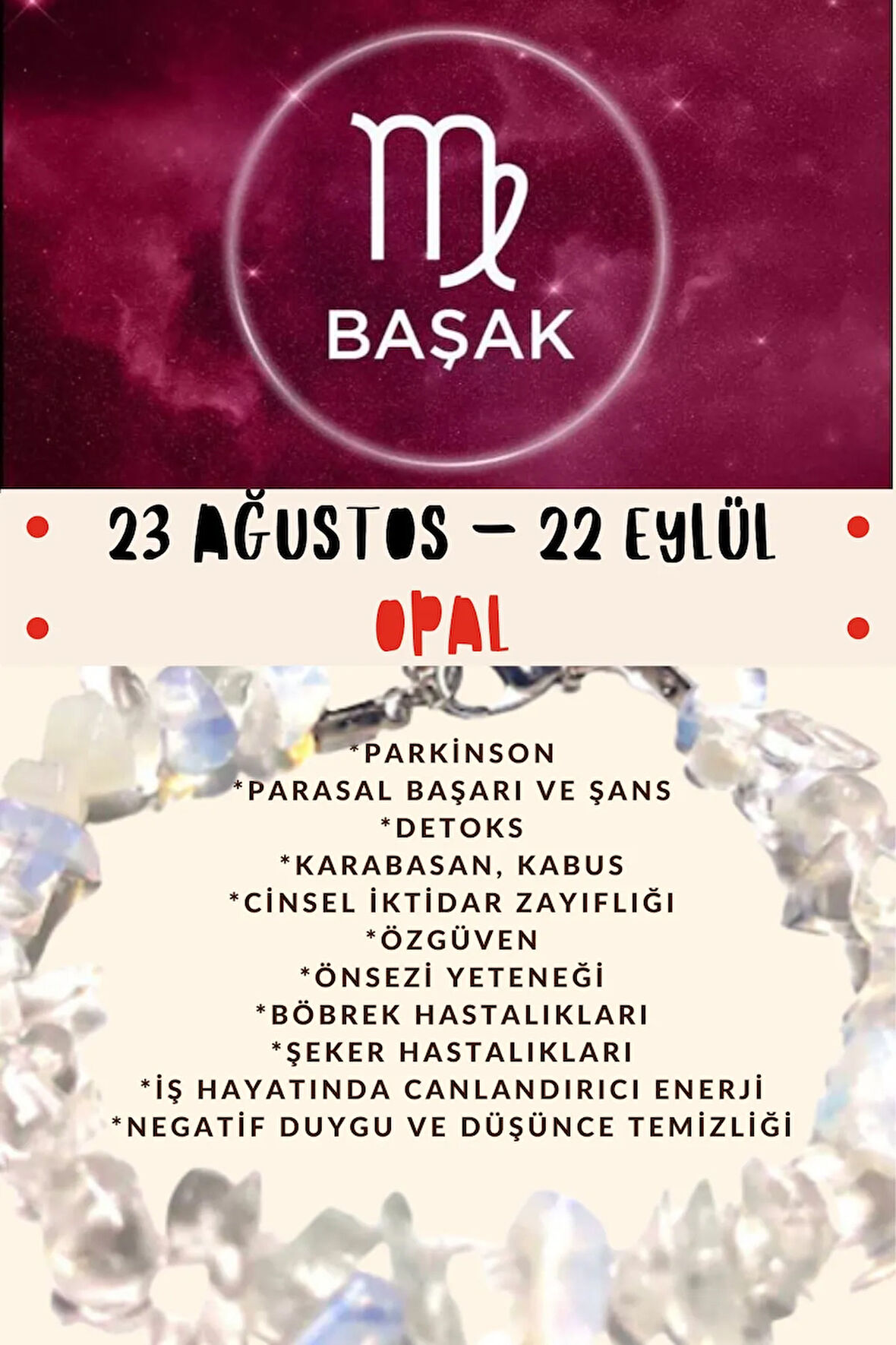 Sertifikalı Burç Taşı Başak Burcu Opal Taşı Bileklik
