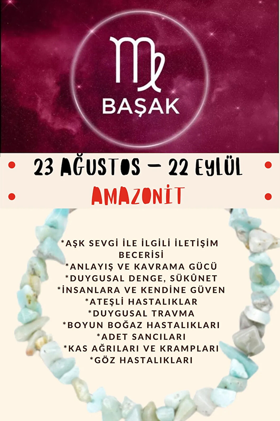 Sertifikalı Burç Taşı Başak Burcu Amazonit Taşı Bileklik