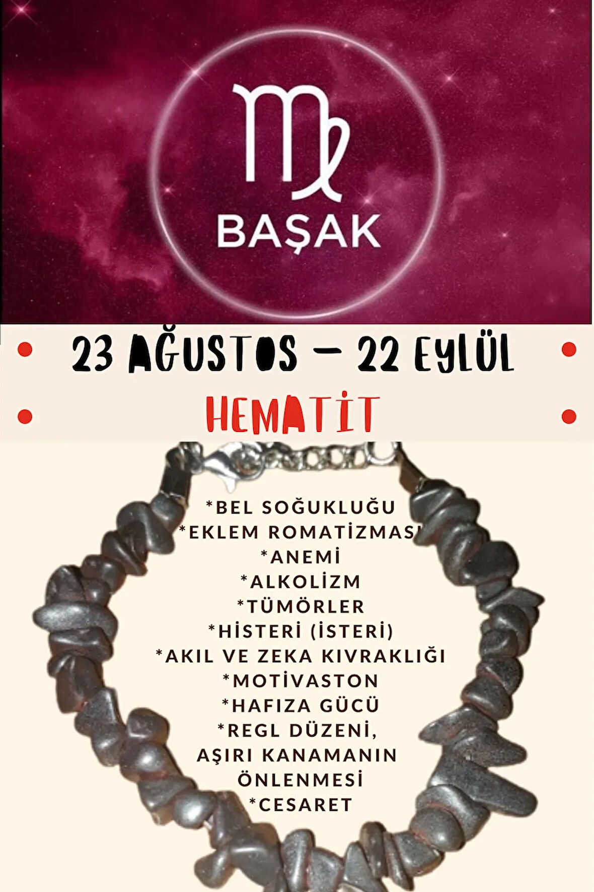 Sertifikalı Burç Taşı Başak Burcu Hematit Taşı Bileklik