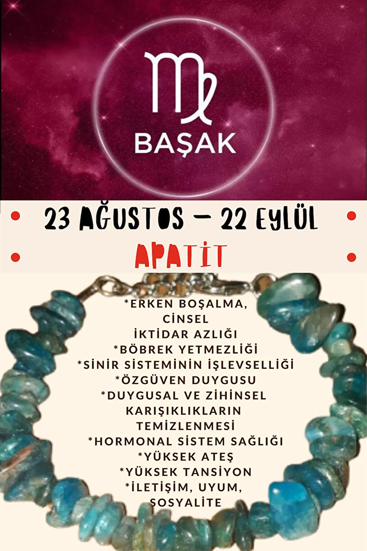 Sertifikalı Burç Taşı Başak Burcu Apatit Taşı Bileklik