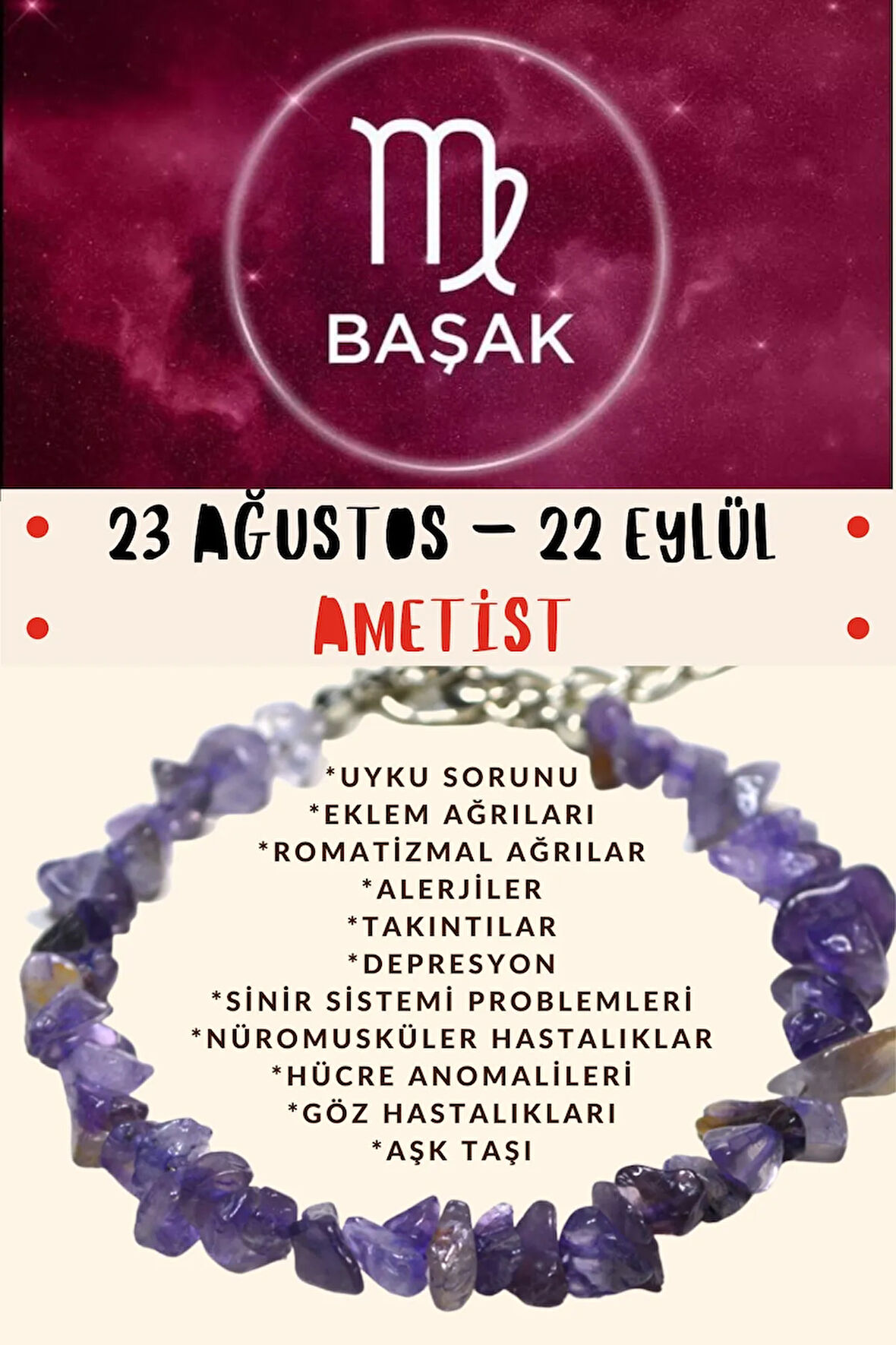 Sertifikalı Burç Taşı Başak Burcu Ametist Taşı Bileklik