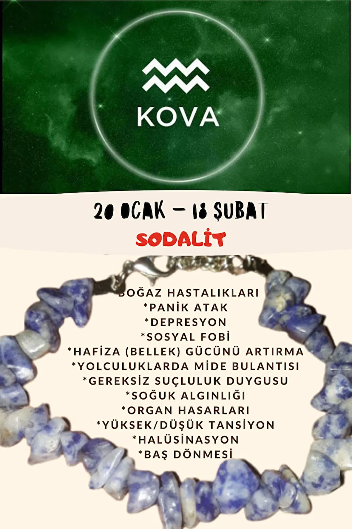 Sertifikalı Burç Taşı Kova Burcu Sodalit Taşı Bileklik