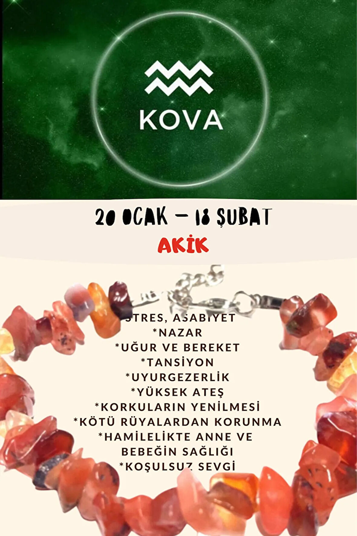 Sertifikalı Burç Taşı Kova Burcu Akik Taşı Bileklik