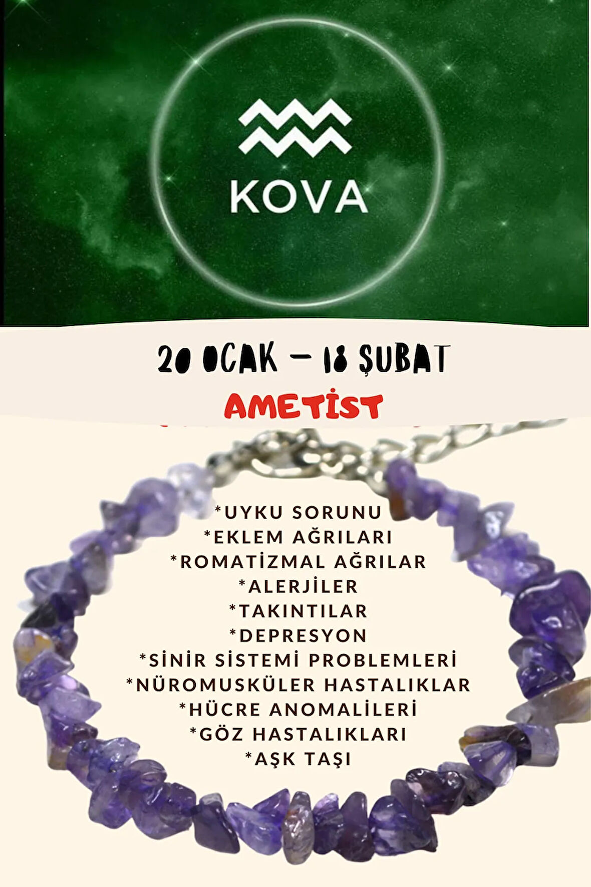Sertifikalı Burç Taşı Kova Burcu Ametist Taşı Bileklik