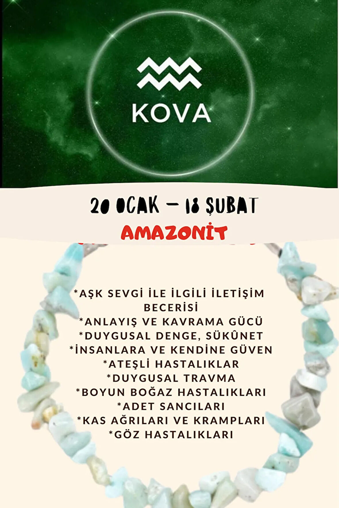 Sertifikalı Burç Taşı Kova Burcu Amazonit Taşı Bileklik