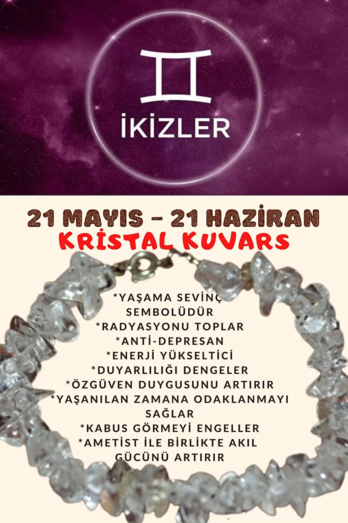 Sertifikalı Burç Taşı Ikizler Burcu Kristal Kuvars Taşı Bileklik