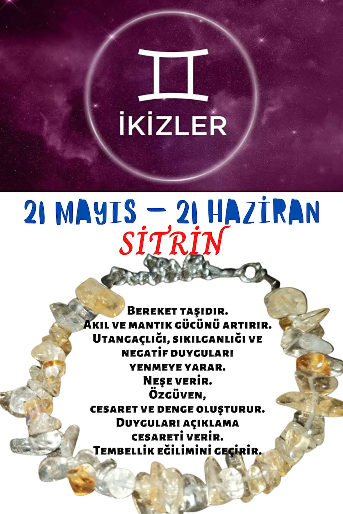 Sertifikalı Burç Taşı Ikizler Burcu Sitrin Taşı Bileklik
