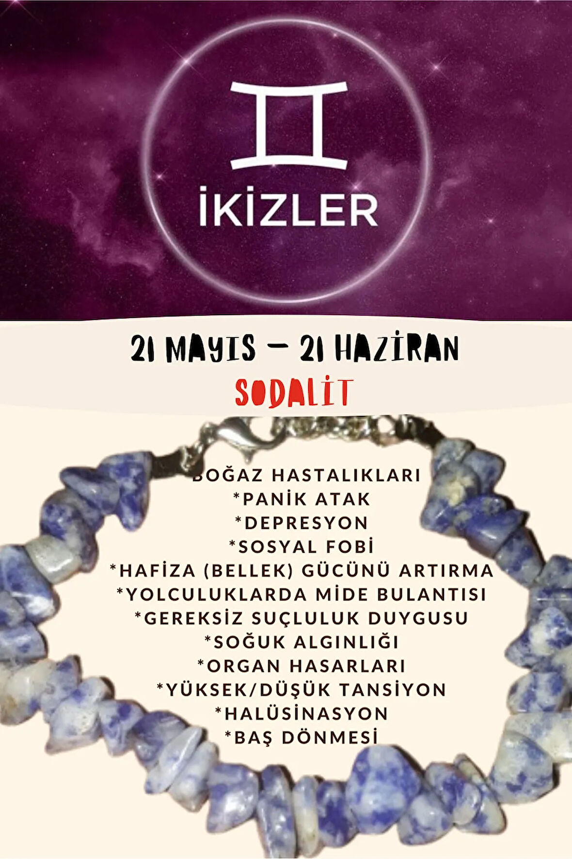 Sertifikalı Burç Taşı Ikizler Burcu Sodalit Taşı Bileklik