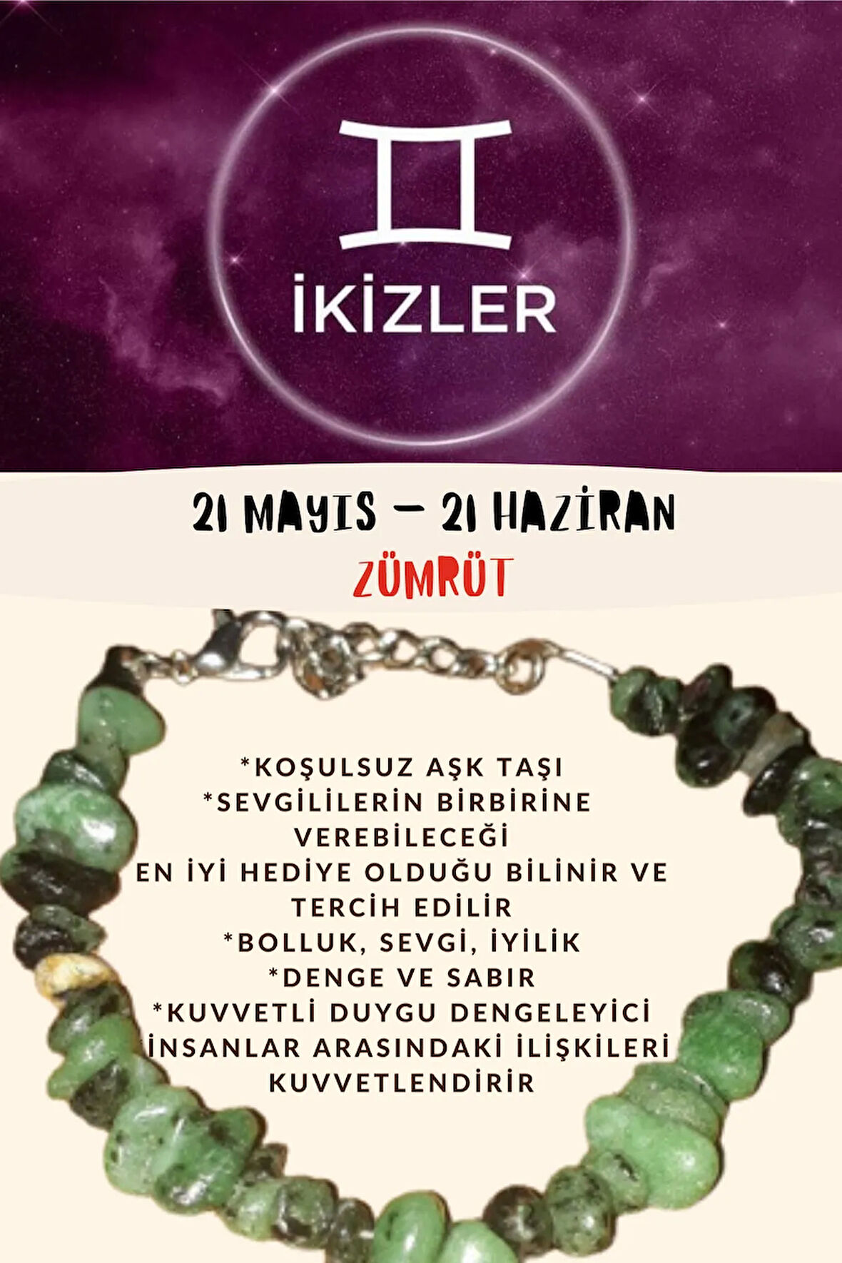 Sertifikalı Burç Taşı Ikizler Burcu Zümrüt Taşı Bileklik