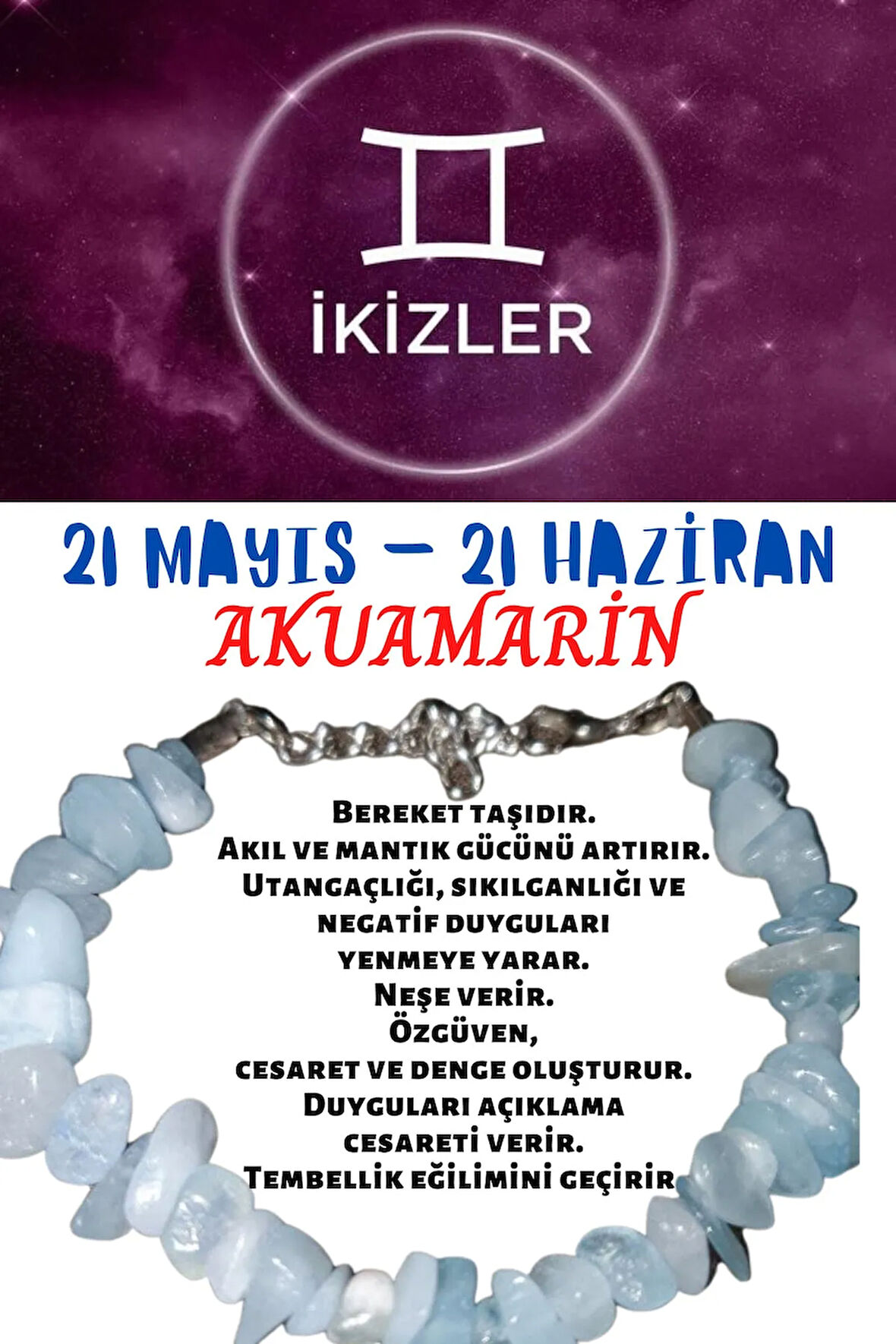 Sertifikalı Burç Taşı Ikizler Burcu Akuamarin Taşı Bileklik