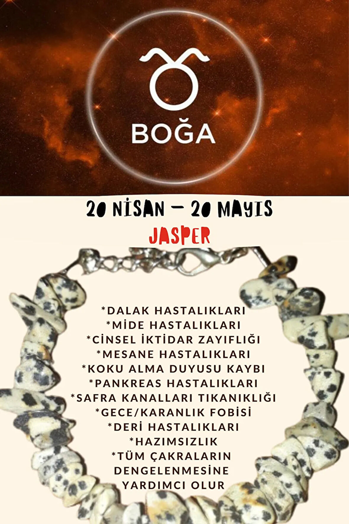 Sertifikalı Burç Taşı Boğa Burcu Jasper Taşı Bileklik