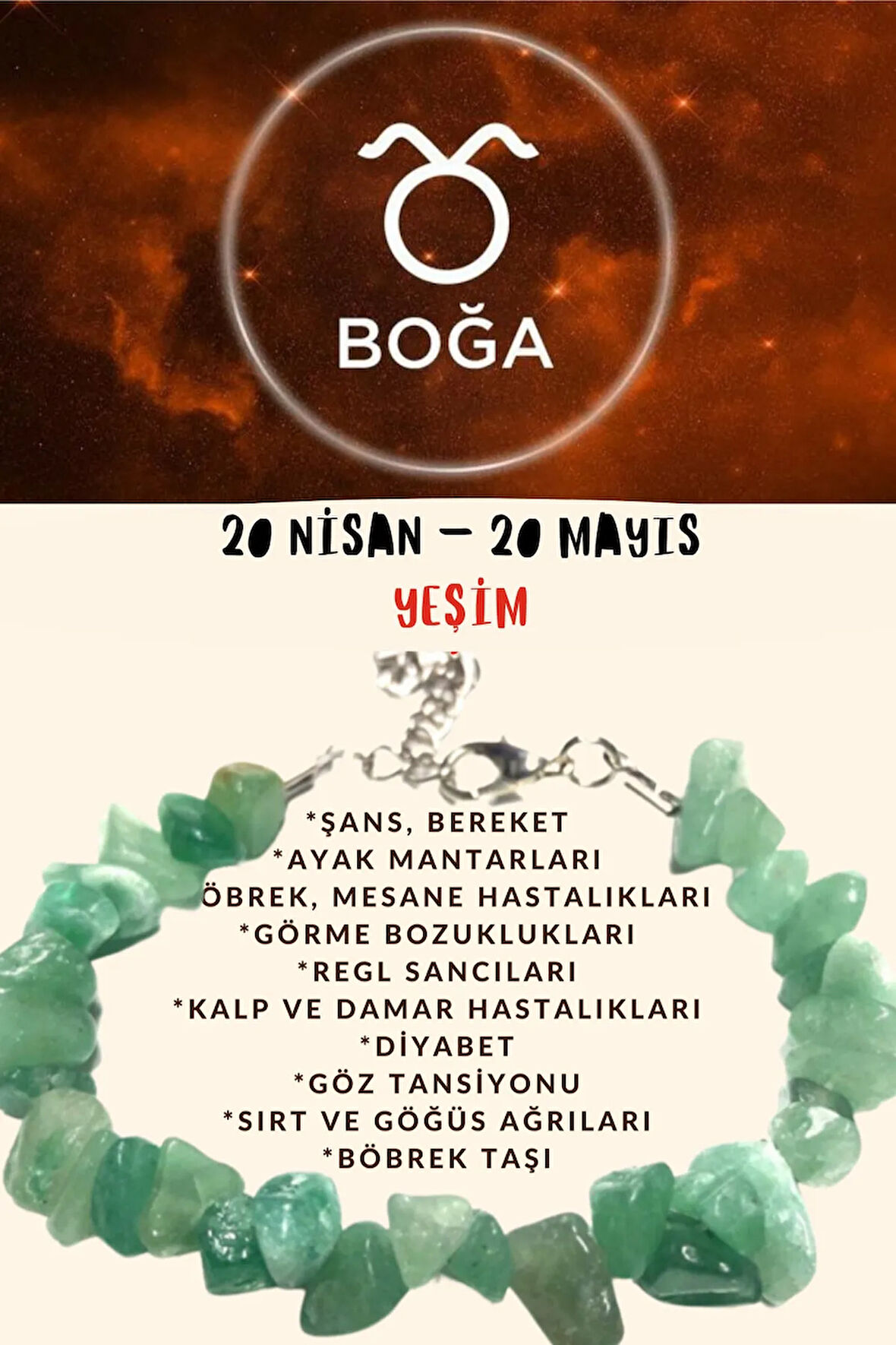 Sertifikalı Burç Taşı Boğa Burcu Yeşim Taşı Bileklik