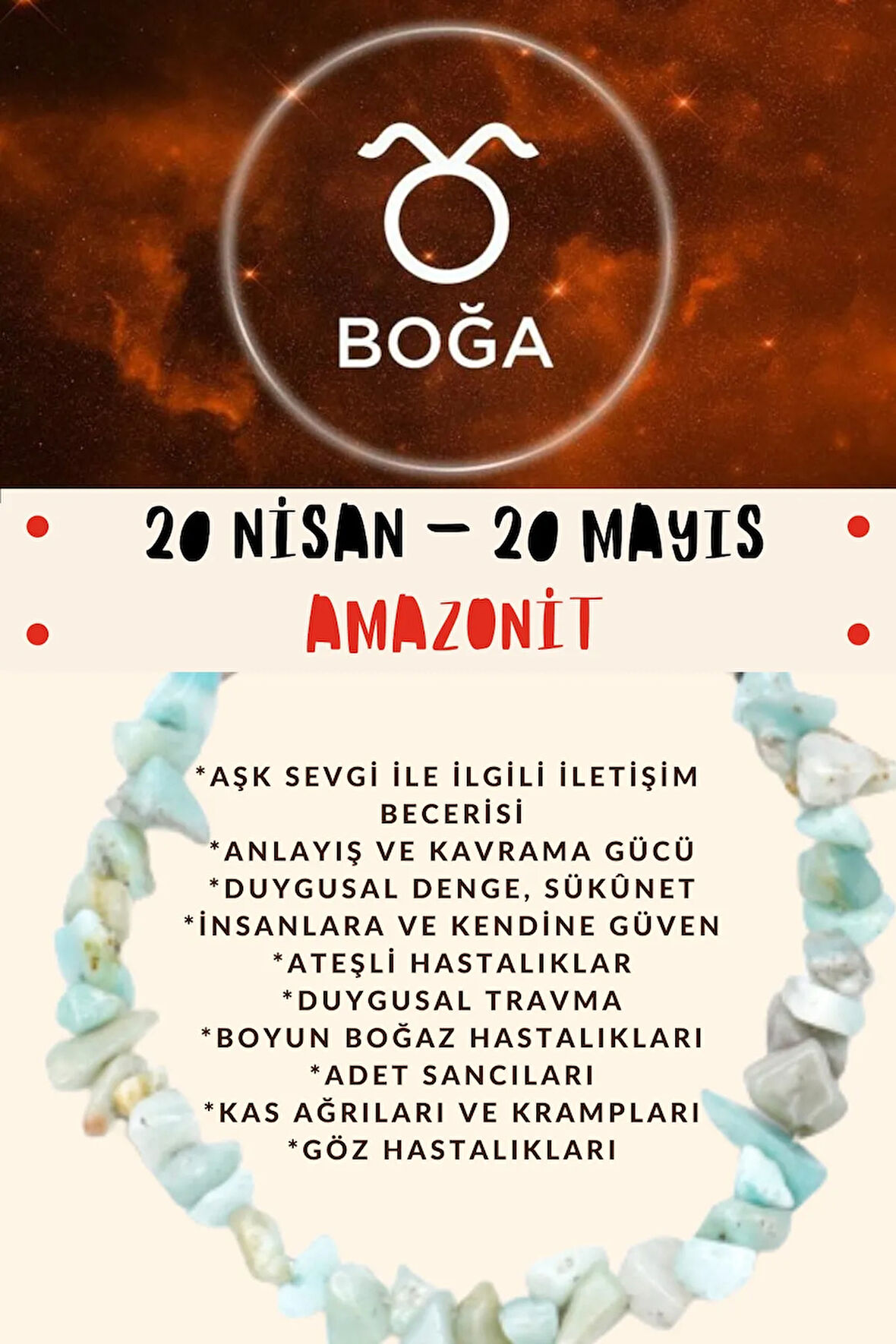 Sertifikalı Burç Taşı Boğa Burcu Amazonit Taşı Bileklik