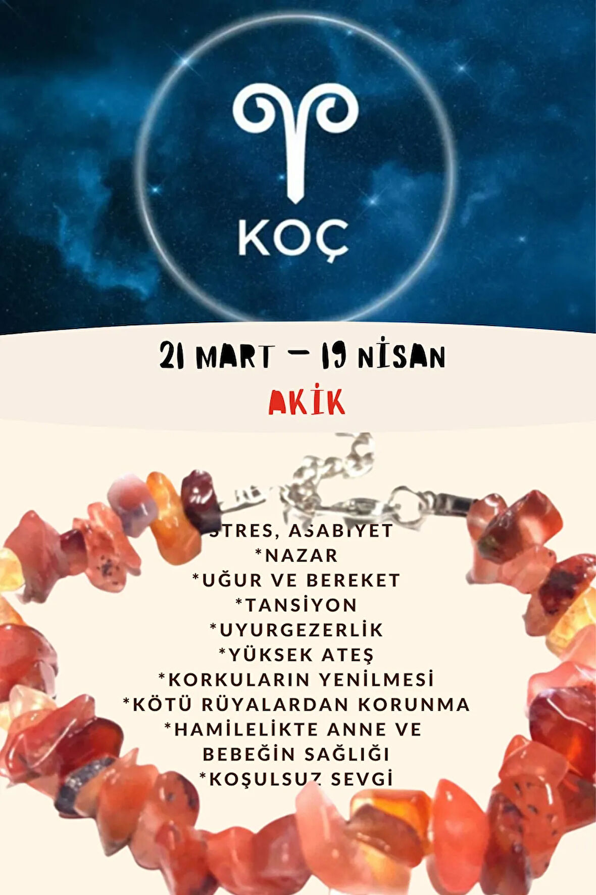 Sertifikalı Burç Taşı Koç Burcu Akik Taşı Bileklik