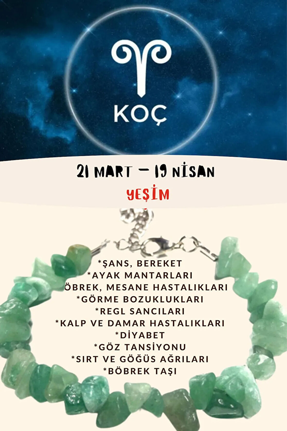 Sertifikalı Burç Taşı Koç Burcu Yeşim Taşı Bileklik