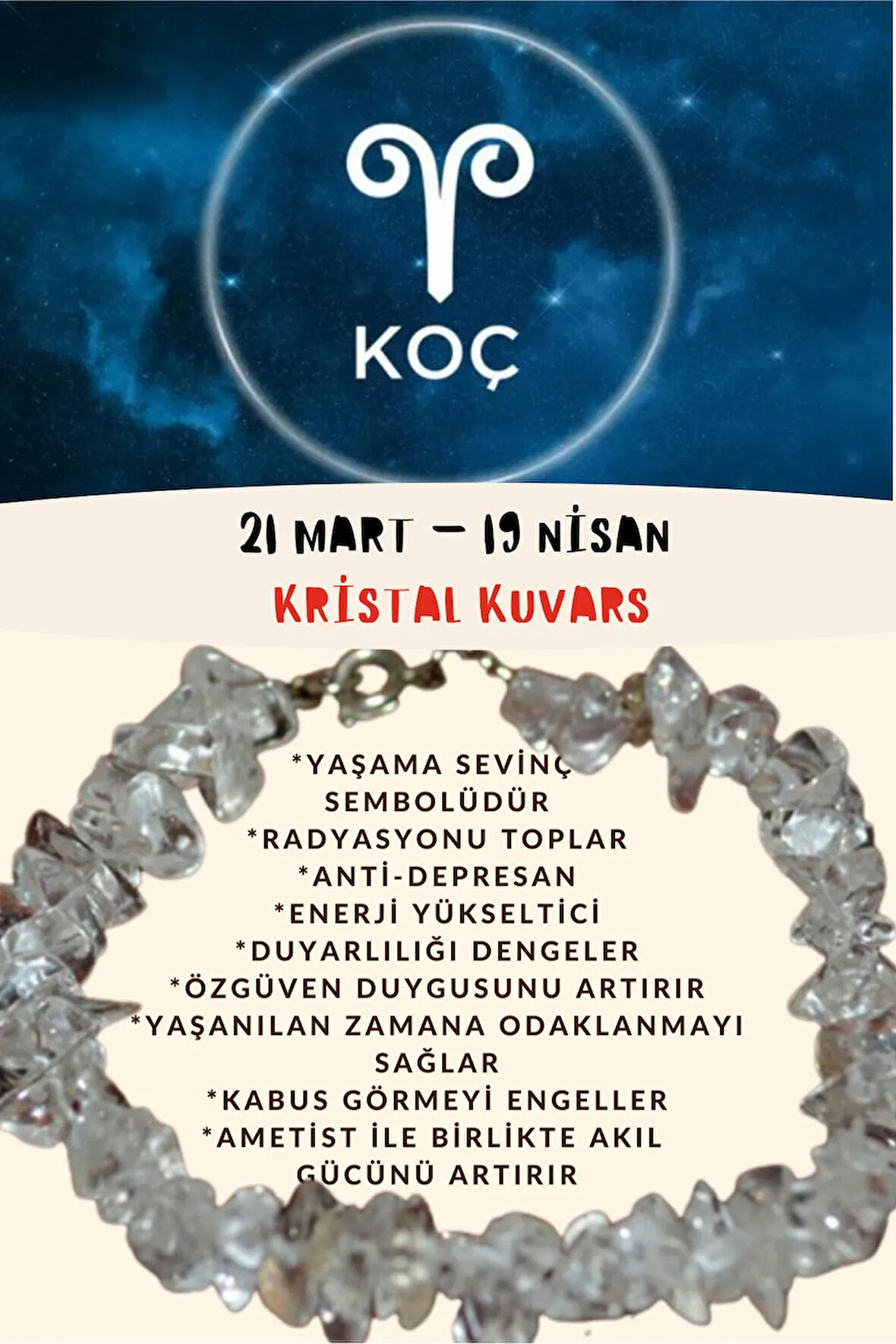 Sertifikalı Burç Taşı Koç Burcu Kristal Kuvars Bileklik