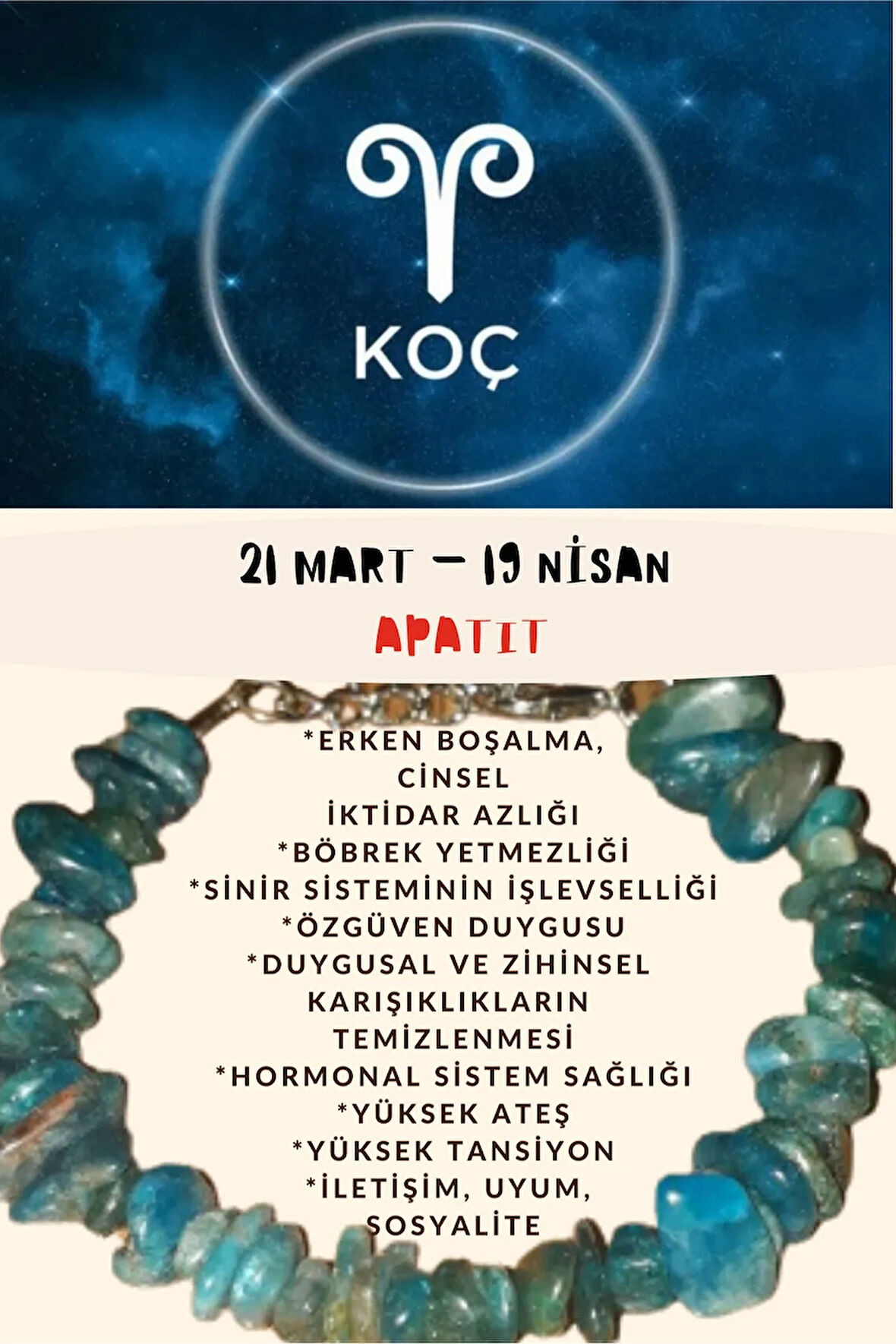 Sertifikalı Burç Taşı Koç Burcu Apatit Taşı Bileklik