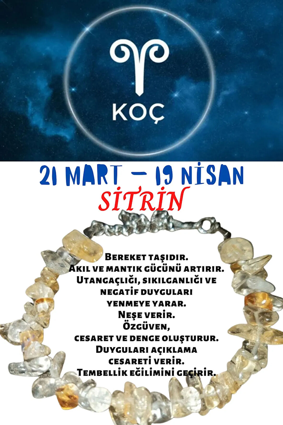 Sertifikalı Burç Taşı Koç Burcu Sitrin Taşı Bileklik