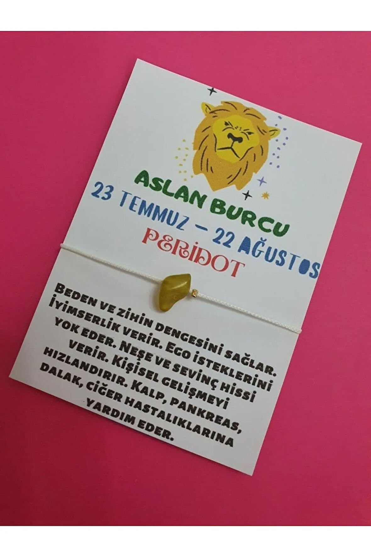 Aslan Burcu Peridot Doğal Taşlı İp Burç Bilekliği