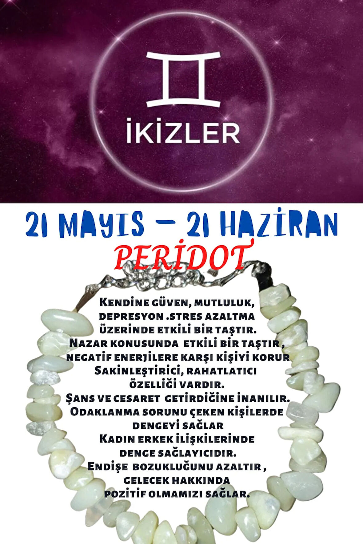 Sertifikalı Ikizler Burcu Burç Bilekliği Olivin Peridot