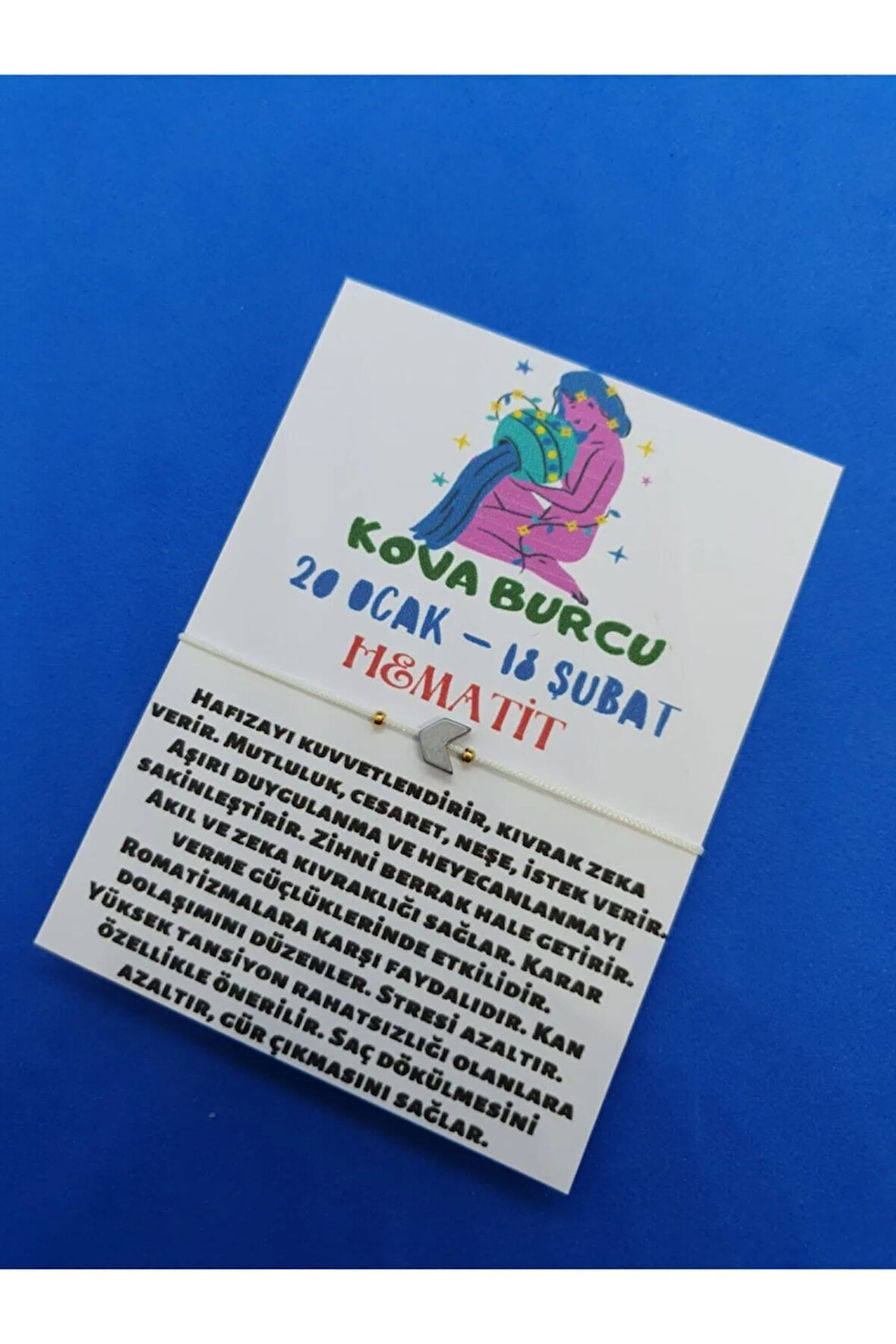 Kova Burcu Hematit Doğal Taş İp Burç Bilekliği