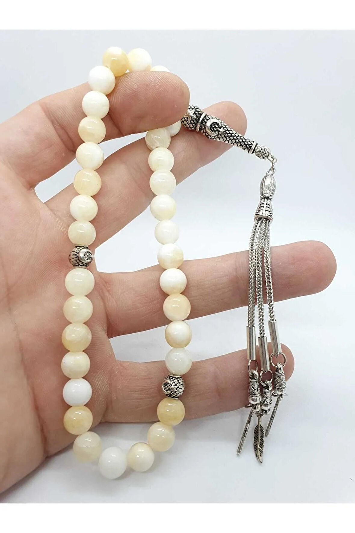 Aragonit Doğal Taş Tesbih 8 mm Krem Beyaz Damarlı