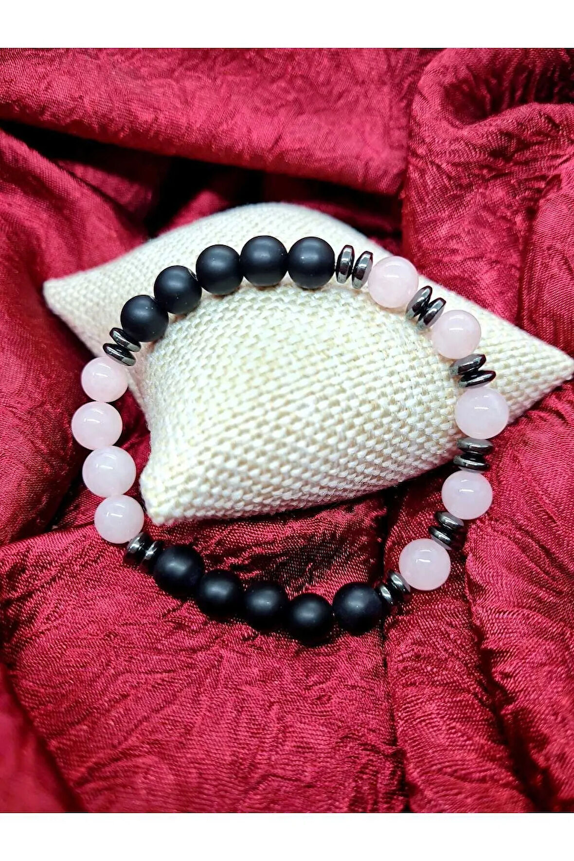 Pembe Kuvars & Oniks & Hematit Doğal Taş Bileklik