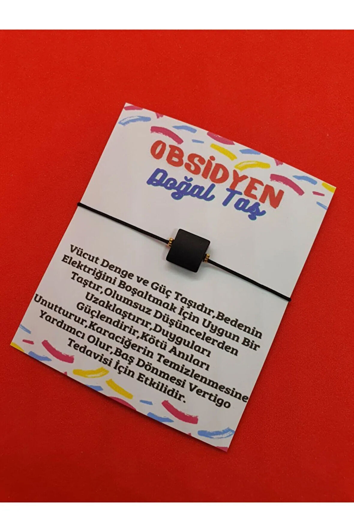 Sertifikalı Obsidyen Taşı Bileklik Ayarlamalı Kare Ipli
