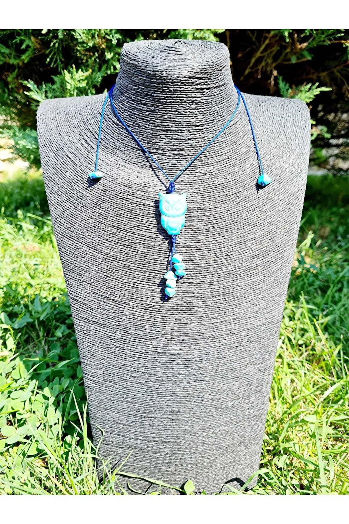 Turkuaz Doğal Taş Kolye Baykuş Detaylı Tasarım Cazibe Nazar