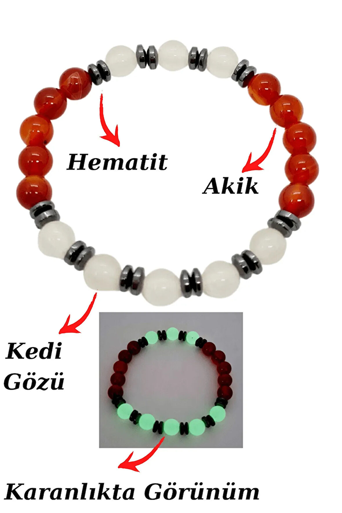 Akik Kedi Gözü Hematit Doğal Taş Bileklik Karanlıkta Işık Saçar