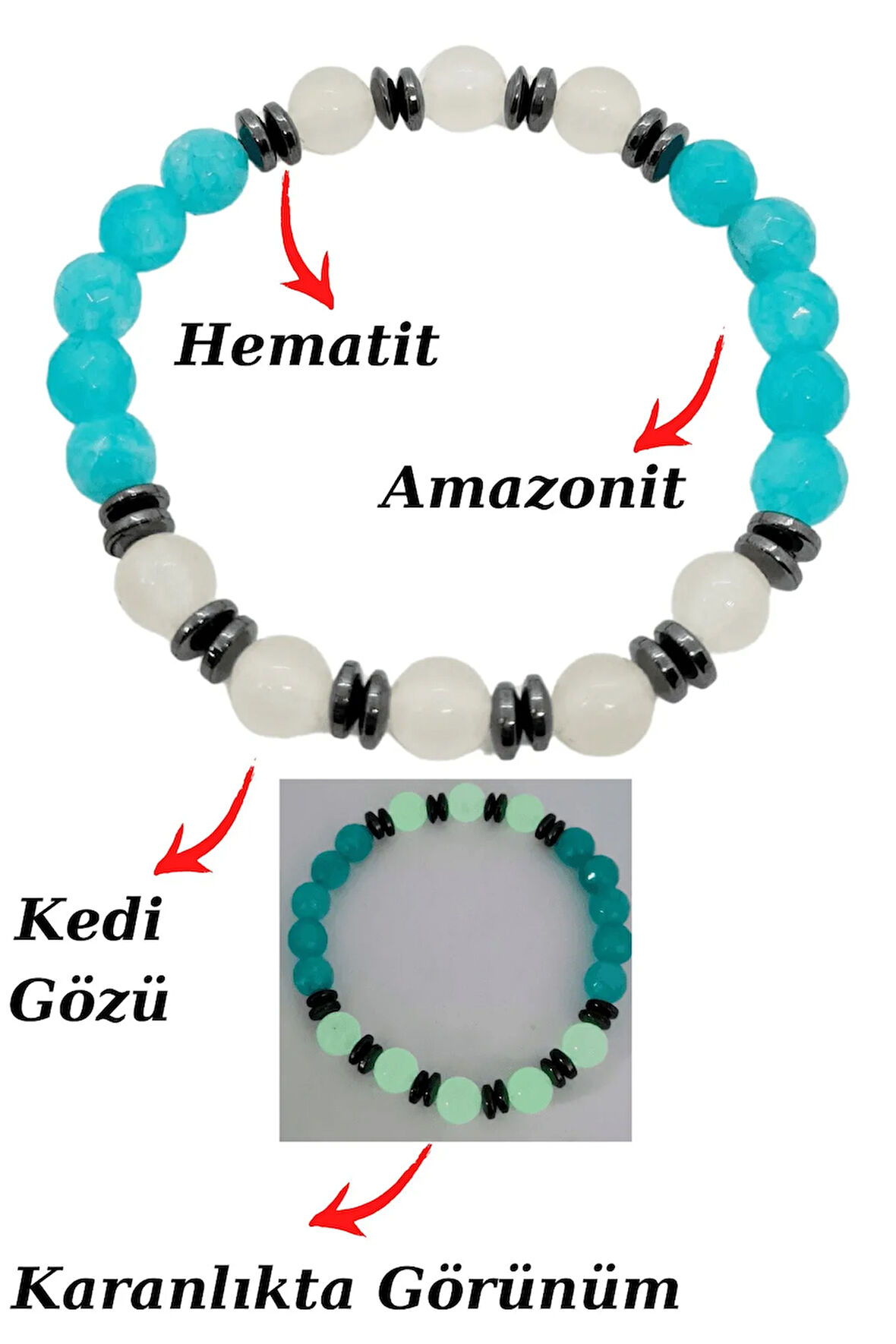 Amazonit Kedi Gözü Hematit Doğal Taş Bileklik Karanlıkta Işık Saçar