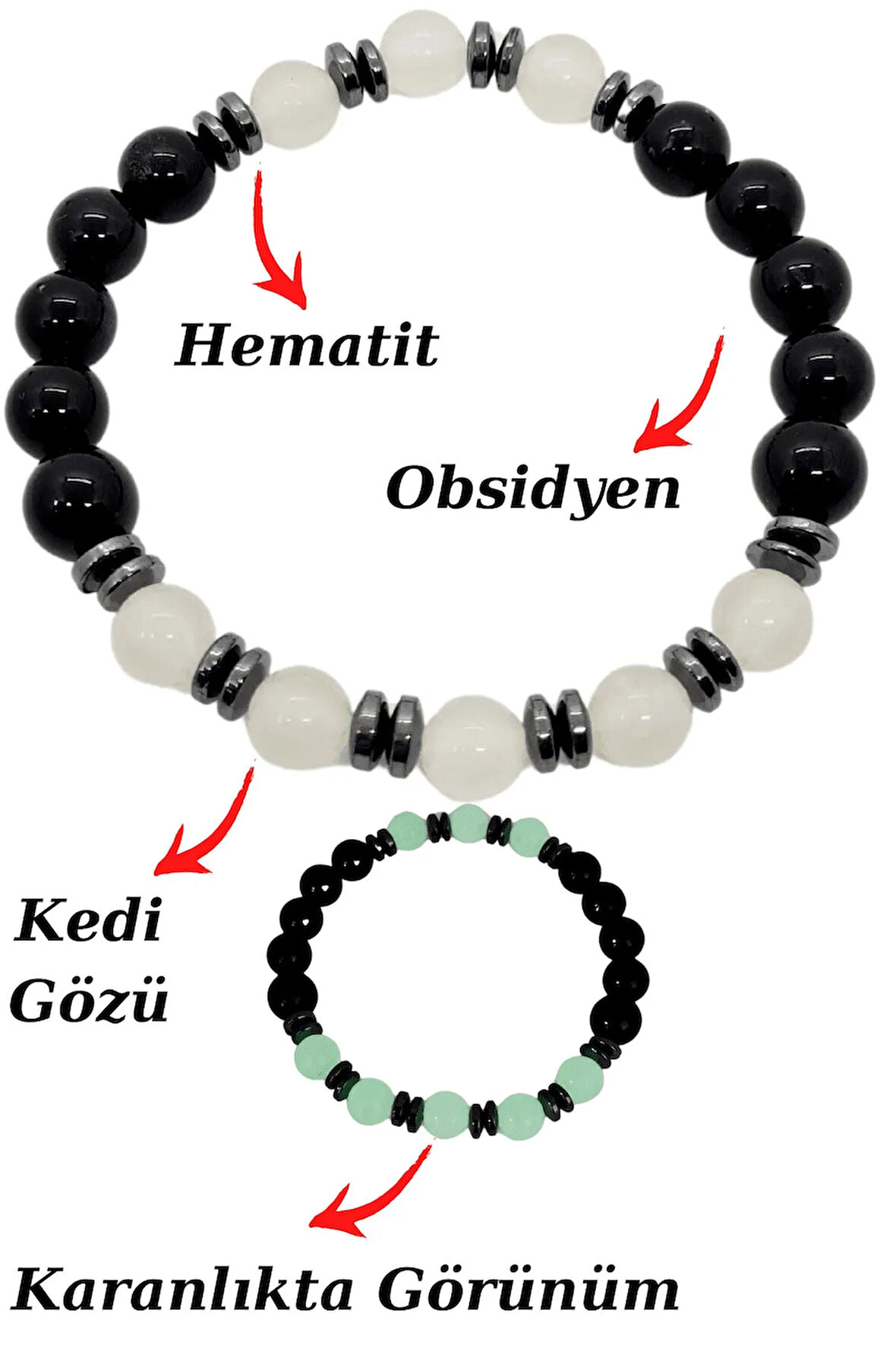 Obsidyen Kedi Gözü Hematit Doğal Taş Bileklik Karanlıkta Işık Saçar