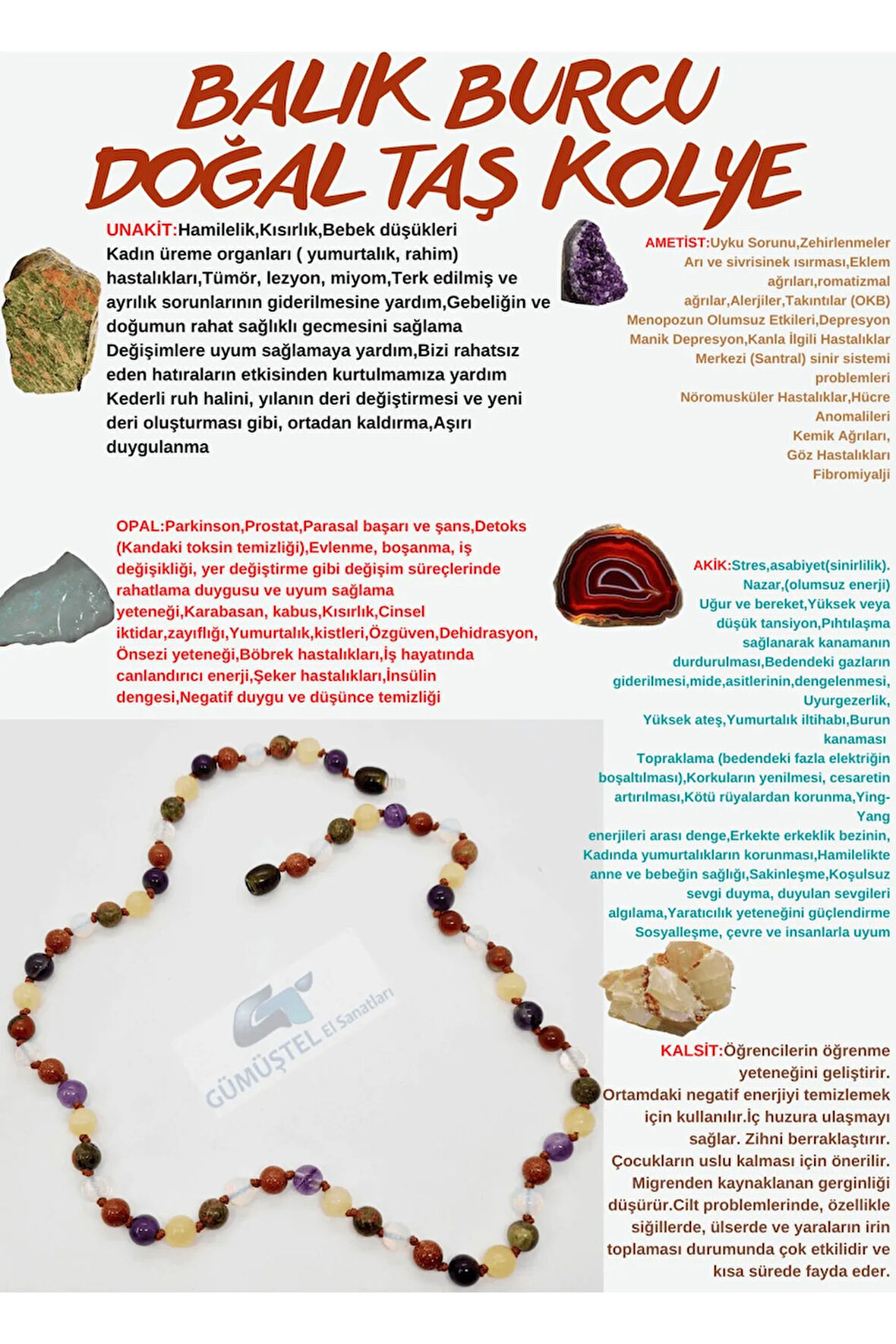 Sertifikalı Özel Tasarım Balık Burcu Kolye Unakit Opal Ametist Akik Kalsit