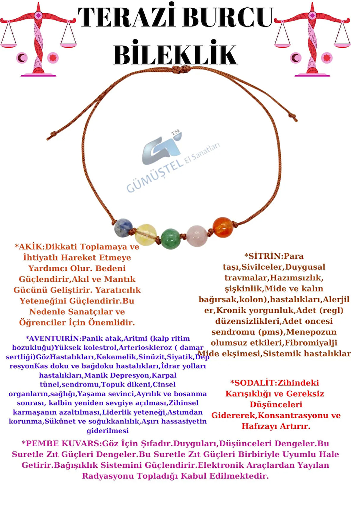 Sertifikalı Özel Tasarım Doğal Taş Terazi Burcu Bileklik Sodalit Sitrin Aventurin Pembe Kuvars Akik