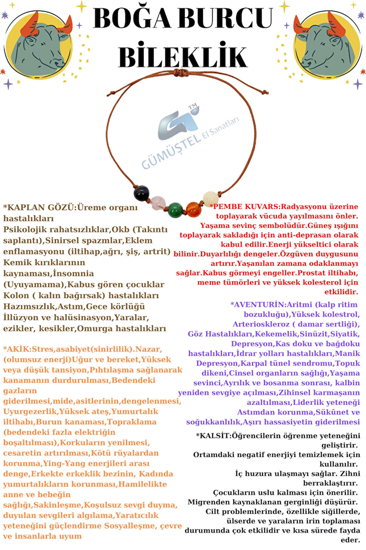 Sertifikalı Özel Tasarım Doğal Taş Boğa Burcu Bileklik Kaplan Gözü P.Kuvars Aventurin Akik Kalsit